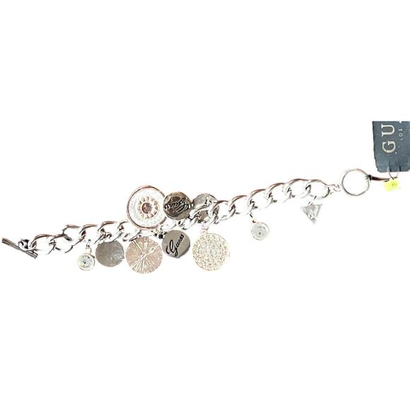 Guess Y2K Charm Link Bracelet Silver Rose Gold Crystal Logo Dangle Modern Glam - Picture 8 of 12